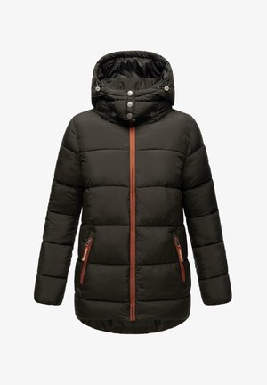 Dunkelgrüne Pufferjacke mit abnehmbarer Kapuze, Reißverschluss vorne und kontrastierenden braunen Reißverschlüssen. Verfügt über eine gesteppten Textur und zwei seitliche Taschen.