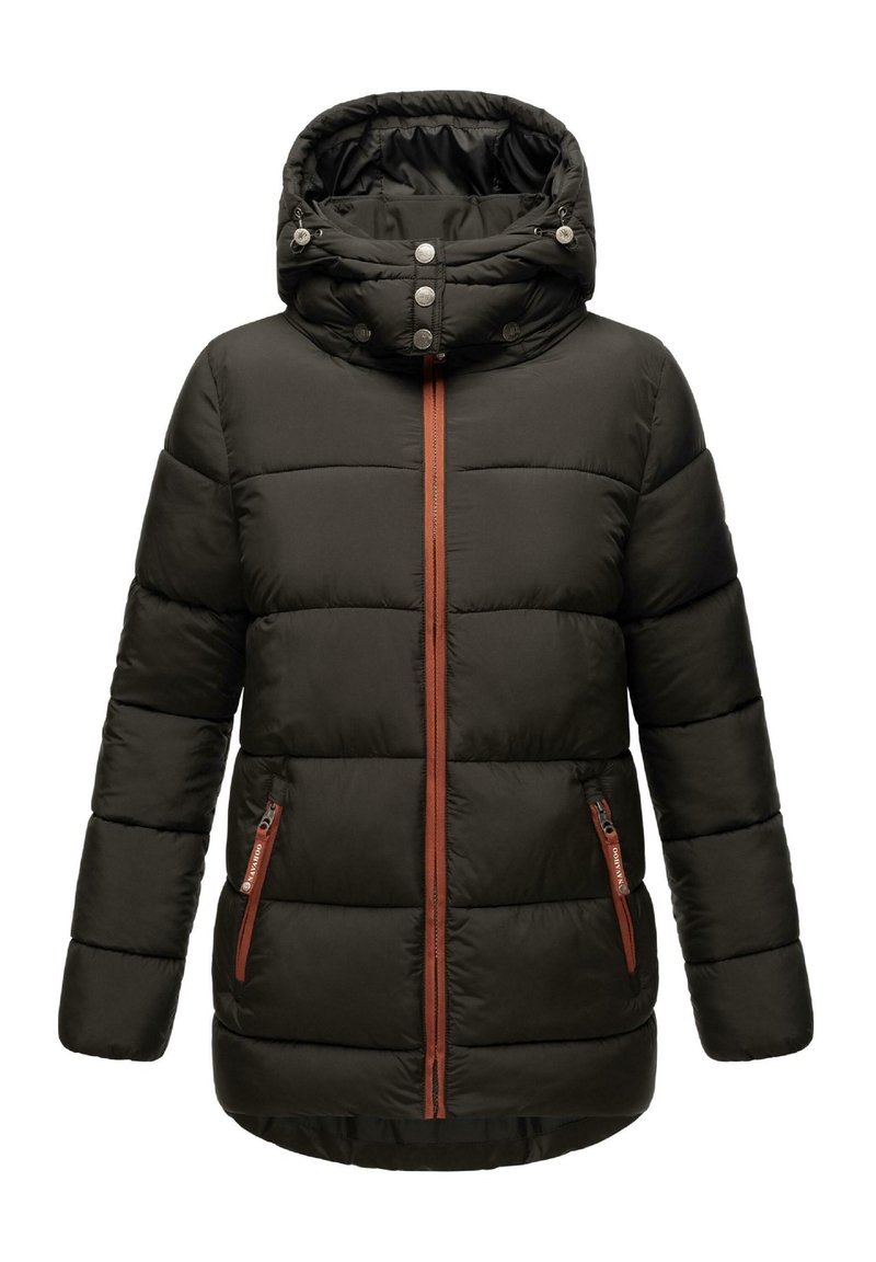 Puffer jacket in dark green with a removable hood, zippered front, and contrasting brown zippers. Features quilted texture and two side pockets.