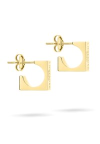 Goldfarbene geometrische Ohrringe mit einem quadratischen Hoop-Design, einer polierten Oberfläche und subtiler Markengravur auf einer Seite.