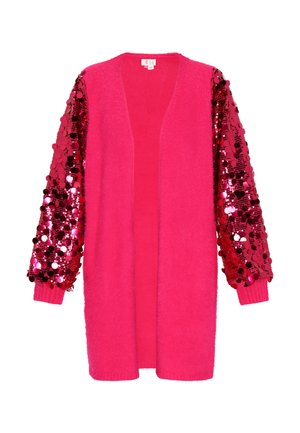 Rosa flauschige Strickjacke mit langen Ärmeln, bedeckt mit glänzenden roten und pinken Pailletten. Offenes Design, weicher Stoff und Rippstrickbündchen.