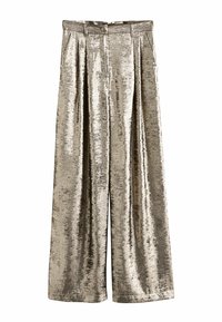 Metalické zlaté kalhoty širokého střihu s textured povrchem, zahrnující přední sklady, poutka na opasek a boční kapsy.