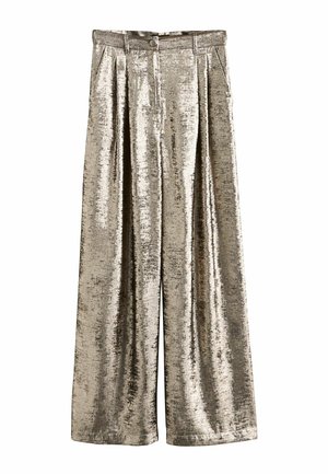 Metalické zlaté nohavice so širokými nohavicami a textúrovaným povrchom, s prednými záhybmi, pútkom na opasok a bočnými vreckami.