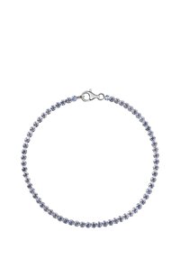 Srebrna bransoletka z łańcuszkiem na przemian z jasno-niebieskimi i przezroczystymi kryształami, z bezpiecznym zapięciem typu lobster. Gładkie, polerowane wykończenie.