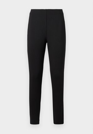 Svarte leggings med en tettsittende silhuett, laget av stretchy stoff. Har et høyt liv og en glatt tekstur gjennom hele. Ingen synlige mønstre.