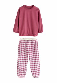 Roosa pikkade varrukatega pluus elastsete mansettidega, koos roosa ja valge neljakandilise pidžaamapüksiga elastse vöökohtaga. Pehme puuvillane kangas.