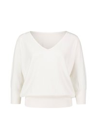 Pull-over blanc à col en V avec des manches trois quarts, coupe ample et poignets côtelés. Texture douce, design minimal, adapté pour un style décontracté.