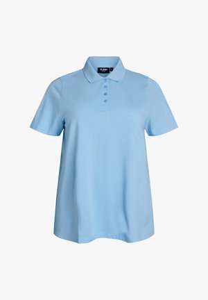 Polo à manches courtes bleu clair avec col et quatre boutons, coupe ample, étiquette "FLASH by Street", taille moyenne.