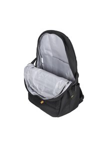 Zaino nero in tessuto con interno argentato. Presenta un ampio scomparto principale e una tasca frontale con zip. Design minimalista.