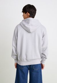 Sweat-shirt à capuche gris clair avec une coupe décontractée, des poignets et un ourlet côtelés. Porté avec un jean large bleu. Texture lisse et design minimaliste.