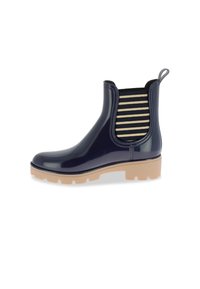 Bota Chelsea en caoutchouc, de couleur marine avec une semelle beige. Présente un panneau latéral élastique rayé et une languette pour un enfilage facile. Finition lisse et brillante.