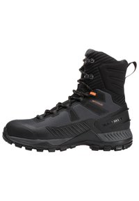 Black hiking boot with a textured design, waterproof materials, reinforced toe, and rugged sole. Features orange accents and high ankle support.