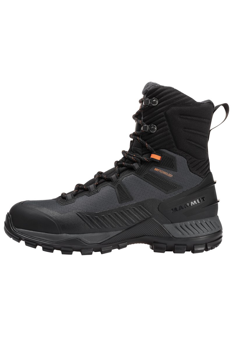 Black hiking boot with a textured design, waterproof materials, reinforced toe, and rugged sole. Features orange accents and high ankle support.