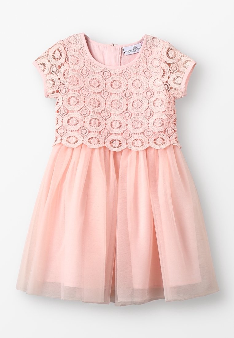 Kort rosa klänning med spets-bygelformad bodice och genomskinlig tyllkjol, korta ärmar och rund halsringning.