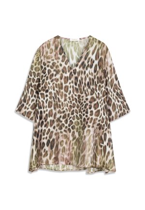 Blouse à imprimé léopard avec un décolleté en V, manches trois-quarts, dans des tons de brun, vert et crème. Tissu léger avec une texture fluide.