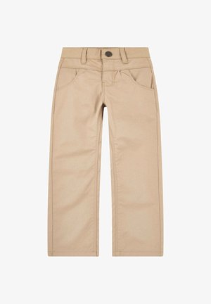 Pantalon droit beige pour enfants avec poches avant, passants pour ceinture et une fermeture à bouton unique foncé.