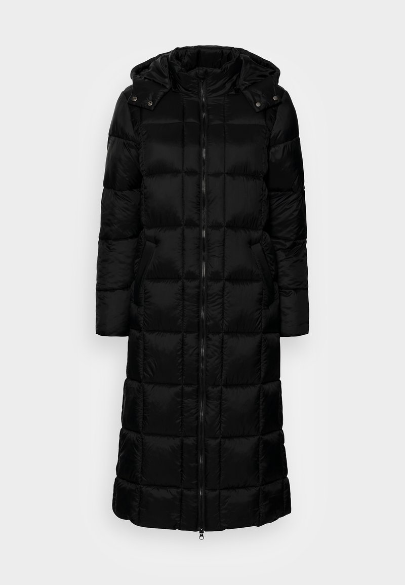 Zwarte gewatteerde lange jas met capuchon, voorzien van een voorrits, zijzakken en een doorgestikt ontwerp met een gladde textuur.
