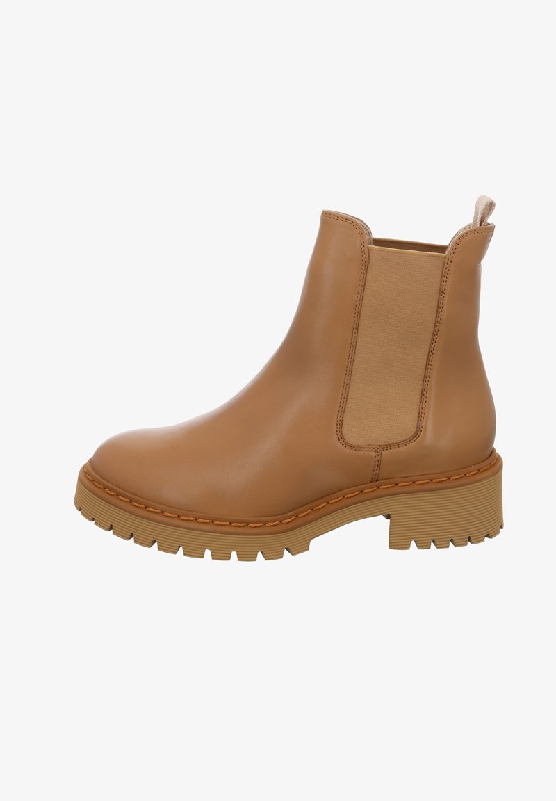 Brown leather ankle boot with elastic side panels, textured rubber sole, and visible stitching along the edge; mid-heel design.
