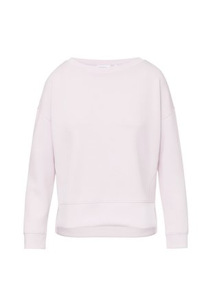 Light pink sweatshirt with a relaxed fit, wide neckline, and long sleeves. Made from soft fabric with a smooth texture and basic design.