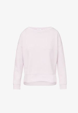 Light pink sweatshirt with a relaxed fit, wide neckline, and long sleeves. Made from soft fabric with a smooth texture and basic design.