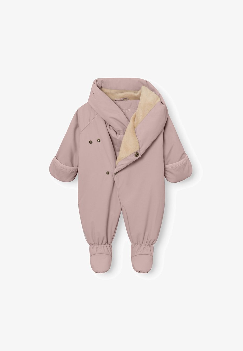 Lyserosa isolert jumpsuit med en myk beige fleecefôr, sammenklippbare mansjetter og trykknapplukking. Designet for varme og komfort.