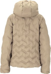 Beige puffjacka med kviltad textur, huva och långa ärmar. Designen har diagonala sömmar och rundad fåll.