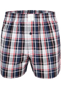 Karierte Boxershorts aus einer Mischung von Rot, Marineblau, Schwarz und Grau aus Baumwollmaterial. Elastischer Bund mit einem Knopfverschluss.