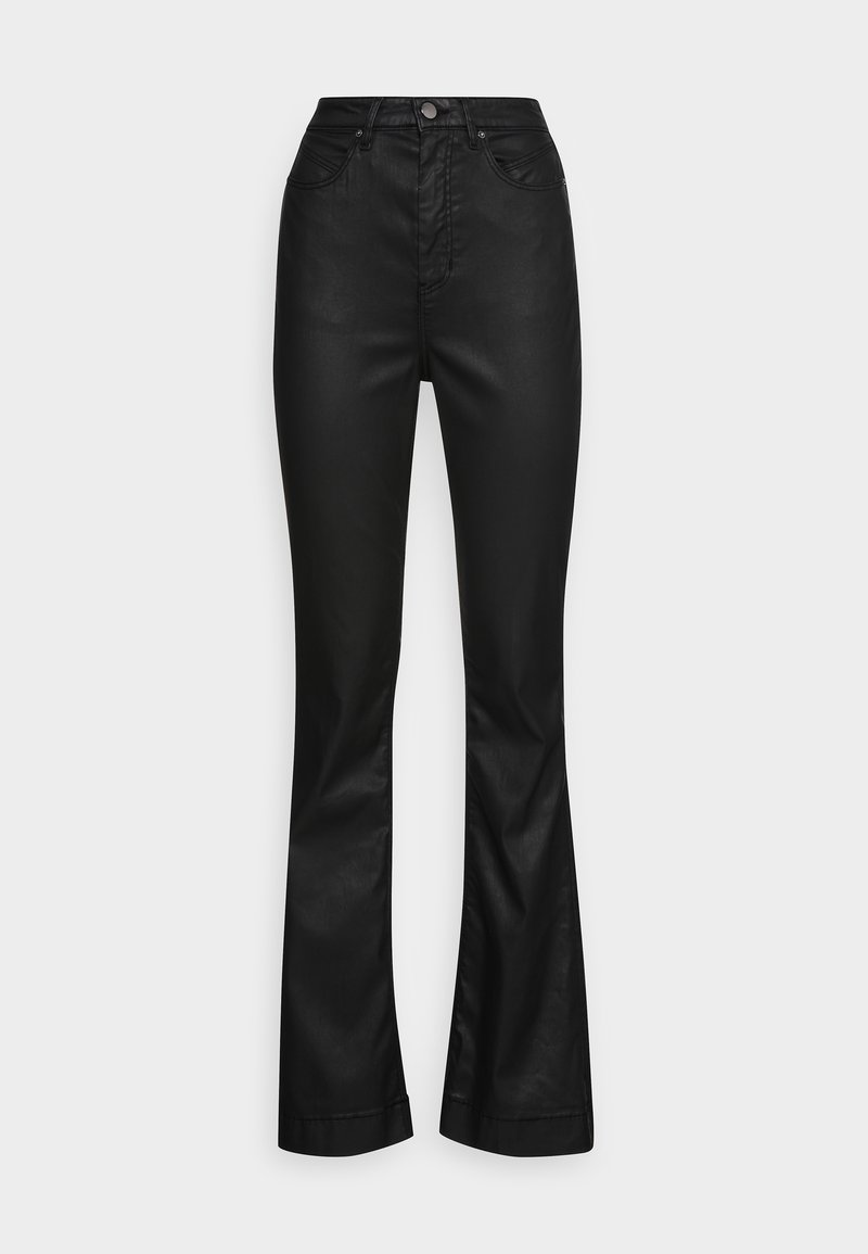 Black flared jeans with a high waistband, made of smooth fabric, featuring front pockets and a fitted silhouette down to the flared hem.
