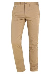 Béžové chino kalhoty s úzkým střihem, vyrobené z lehké bavlny. Mají plochý přední díl, dvě boční kapsy a detail v podobě dvou knoflíků na pasu.