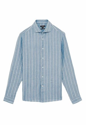 Light blue long-sleeve shirt with vertical white stripes, button-up front, and a standard collar. Made from a textured fabric.