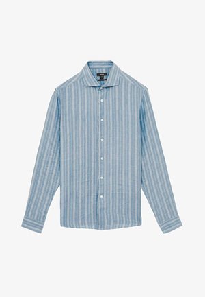 Camicia a maniche lunghe azzurro chiaro con strisce bianche verticali, chiusura con bottoni sul davanti e colletto classico. Realizzata in un tessuto testurizzato.