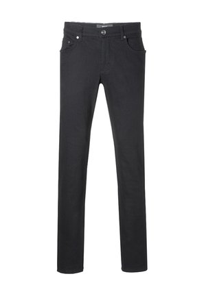 Schwarze Jeans aus Denim mit schlanker Passform, Fünf-Taschen-Design, vorderer Knopfverschluss und dezenten Nähten an den Gesäßtaschen.