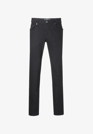 Schwarze Jeans aus Denim mit schlanker Passform, Fünf-Taschen-Design, vorderer Knopfverschluss und dezenten Nähten an den Gesäßtaschen.