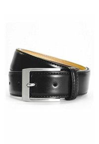 Schwarzer Leder-Gürtel mit glatter Oberfläche und silberner rechteckiger Schnalle. Mit mehreren Gürtelöffnungen und einem kontrastierenden, tanfarbenen Innenfutter.