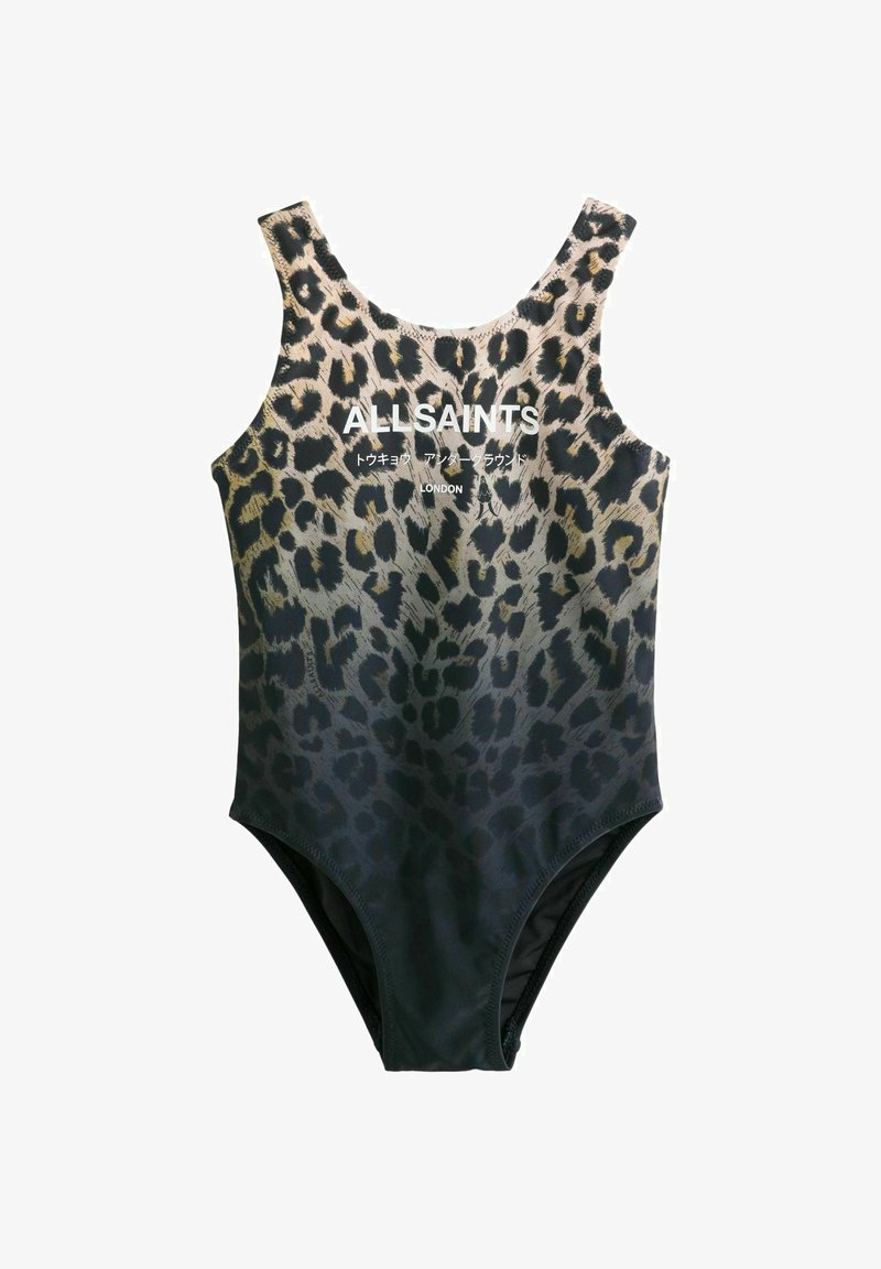 Jednodielne plavky so vzorom leopardieho potešenia na čiernom podklade a textom "ALLSAINTS" a japonskými znakmi potlačenými na prednej strane.