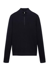 Dunkelblauer, gerippter Pullover mit hohem Kragen und einem viertelzipper am Hals. Lange Ärmel und eine figurbetonte Saum. Strukturierter Stoff.