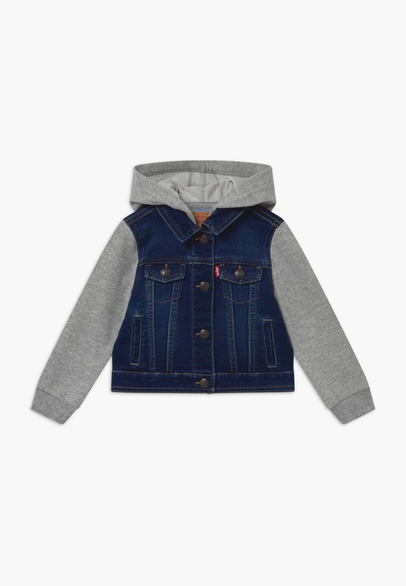 Children’s jacket with denim body, grey hood and sleeves, button front, and flap chest pockets on white background.