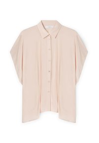 Valkoinen vaaleanpunainen paita, joka on valmistettu sileästä kankaasta, jossa on kaulus, nappisuljenta ja löysät, lyhyet hihat rentoon istuvuuteen.