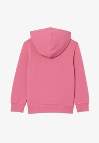 Felpa rosa con cappuccio, realizzata in tessuto morbido, con maniche lunghe e orlo a coste. Design semplice e versatile, vista posteriore.