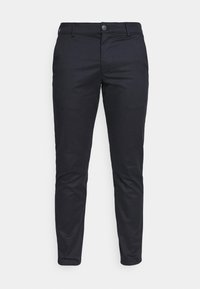 Men's slim-fit black trousers with button closure and belt loops, displayed against a white background.