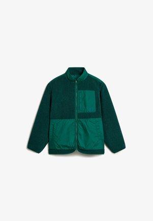 Grüne Fleece- und Nylonjacke mit Reißverschluss vorne, Stehkragen und Seitentasche; zeichnet sich durch strukturierten Stoff und glatte Akzente aus.