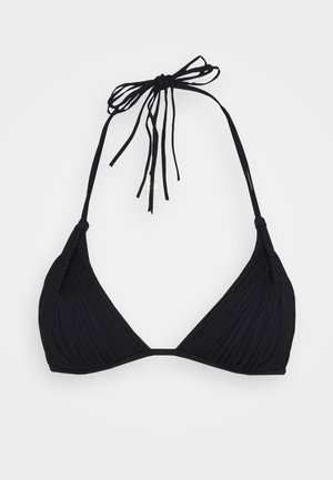 Zwart bikini-top in een driehoekige vorm van textuurstof, met dunne bandjes om de nek en een subtiele decoratieve accent.