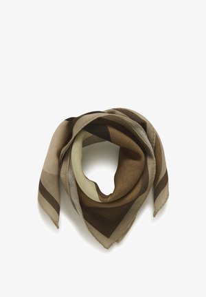 Sciarpa con motivo marrone e beige; forma triangolare con colori sovrapposti, texture morbida e tessuto leggero. I bordi sono delicatamente rifiniti.