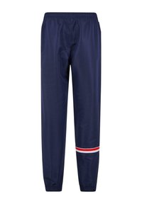 Navy track pants made of smooth fabric, featuring an elastic waistband and a red and white stripe design near the ankle.