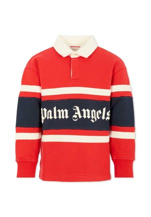 Rode rugbyshirt met lange mouwen en witte kraag, met witte en marineblauwe horizontale strepen, en de tekst "palm Angels" op de marineblauwe streep over de borst.