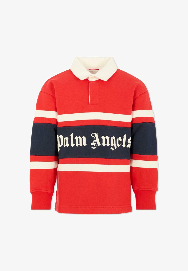 Rode rugbyshirt met lange mouwen en witte kraag, met witte en marineblauwe horizontale strepen, en de tekst "palm Angels" op de marineblauwe streep over de borst.