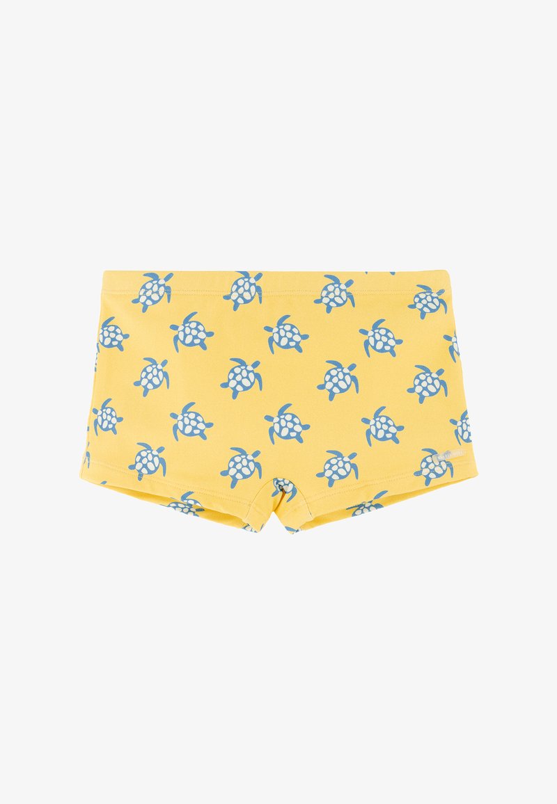 Bañador amarillo con un patrón completo de tortugas marinas azules y blancas, con un diseño ajustado de corte cuadrado.