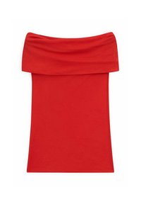 Haut rouge, à épaules dénudées, présentant une texture douce et lisse, une coupe ajustée et un design simple sans motifs ni embellissements.