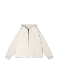 Sudadera con cremallera en gris claro, con capucha forrada, corte holgado, mangas largas, puños acanalados y una textura suave. Presenta un cierre frontal con cremallera.