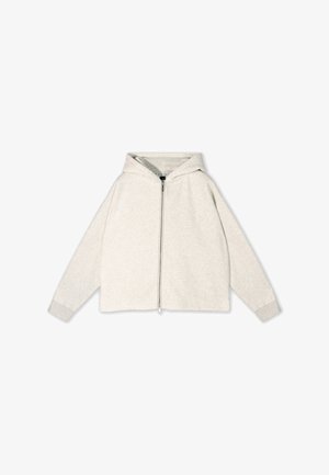 Light grey zip-up hoodie with a lined hood, loose fit, long sleeves, ribbed cuffs, and a soft texture. Features a front zipper closure.