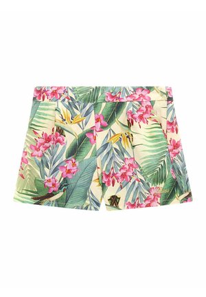 Pantaloni corti con stampa tropicale e motivi floreali e fogliari in verde, rosa e giallo. Presentano un design sartoriale e un ricamo del marchio discreto.
